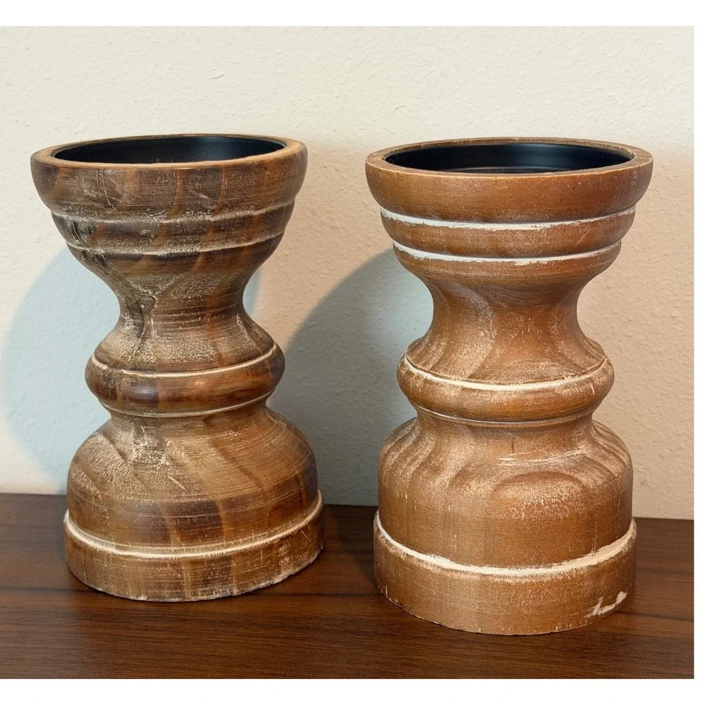 Set of 2 Rustic Distressed Wood Pillar Candle Holders Farmhouse Brown 6 Inch
